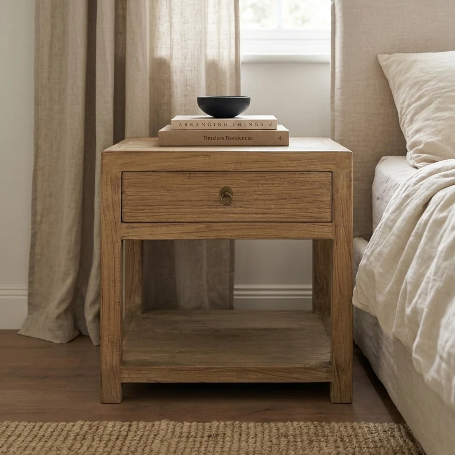 Distressed Solid Wood Nightstand In A Light Wood Tone