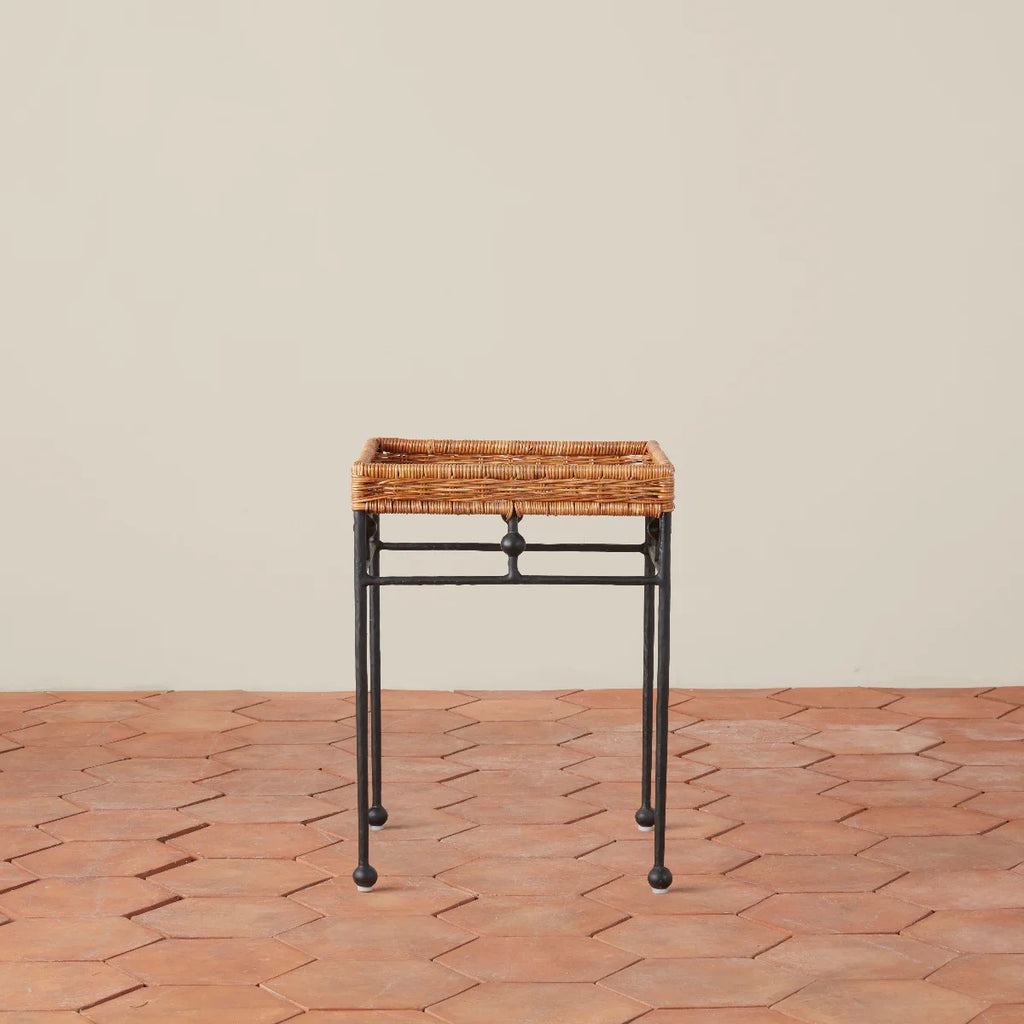 Square Rattan Wrought Iron Small Side Table
