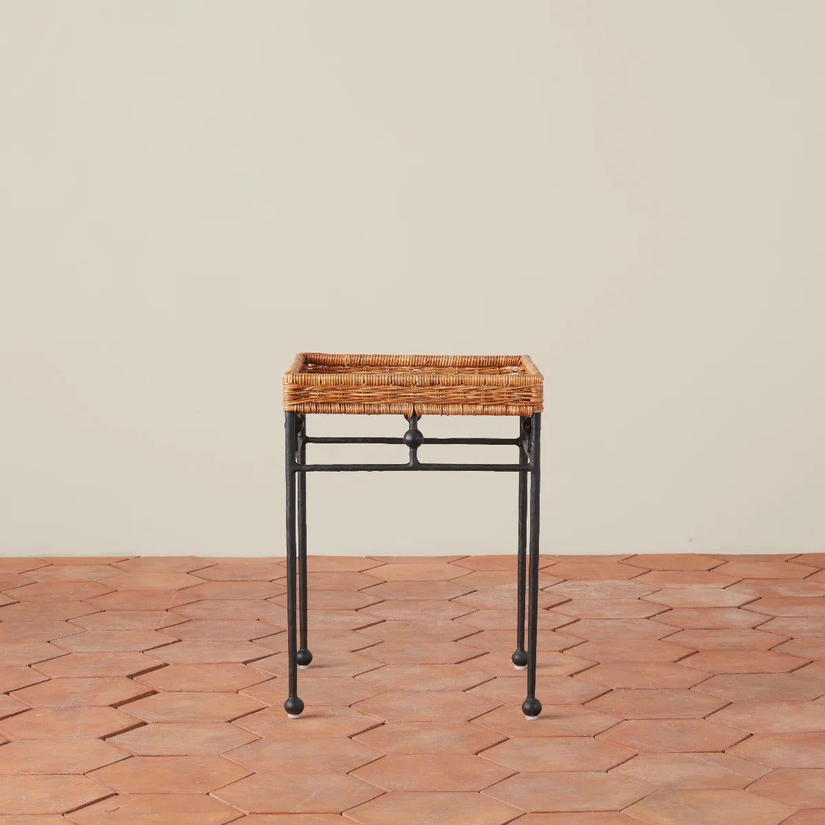Square Rattan Wrought Iron Small Side Table