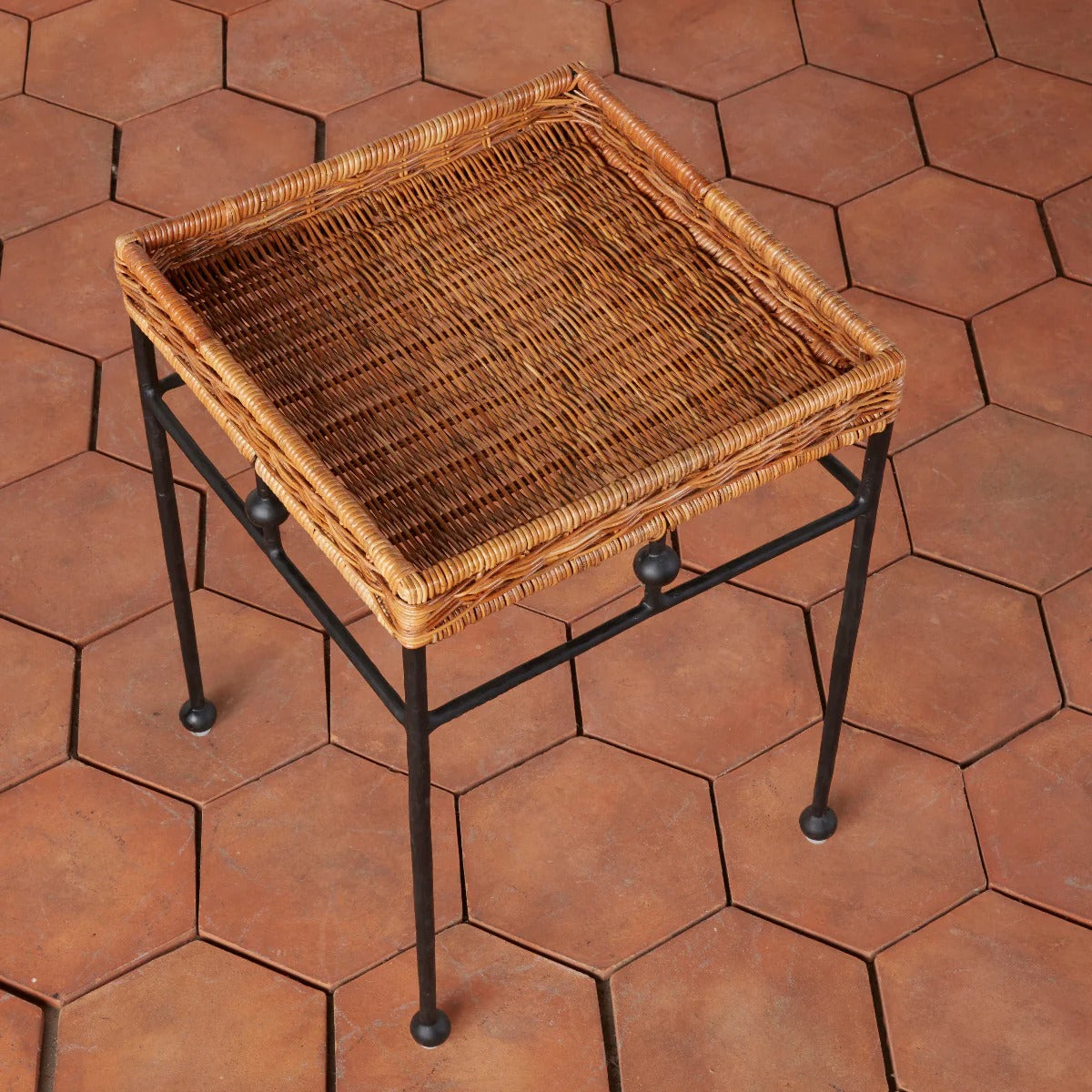 Square Rattan Wrought Iron Small Side Table